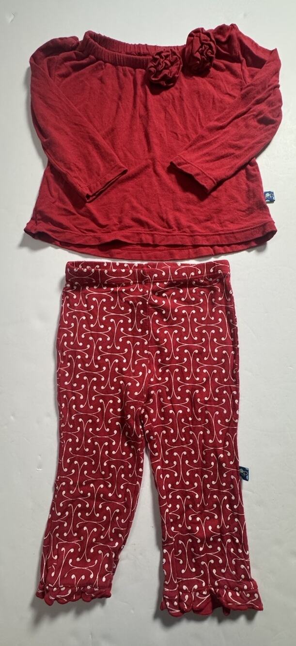 Kicky Pants Baby Girls Bamboo 6-12M Red Ruffle Top Pants 2 Piece Set